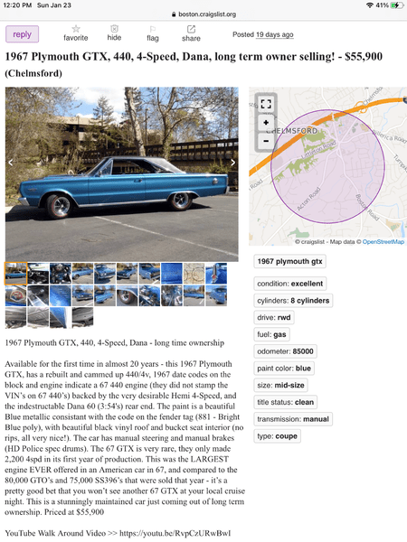 Boston Craigslist 67 GTX for sale Not Mine For B Bodies Only