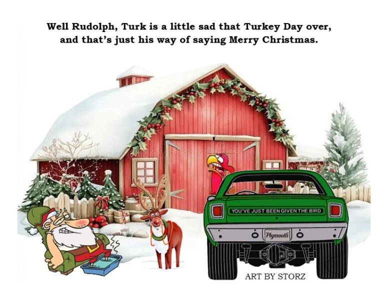 2024 GIVEN THE BIRD ROAD RUNNER TURK SAYING GOODBYE CHRISTMAS SANTA RUDOLPH & BARN 2.jpg