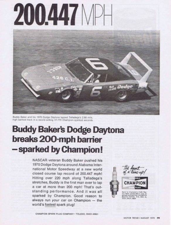 70 Daytona Charger Nascar #6 Buddy Baker Champion Spark Plug Advert..jpg