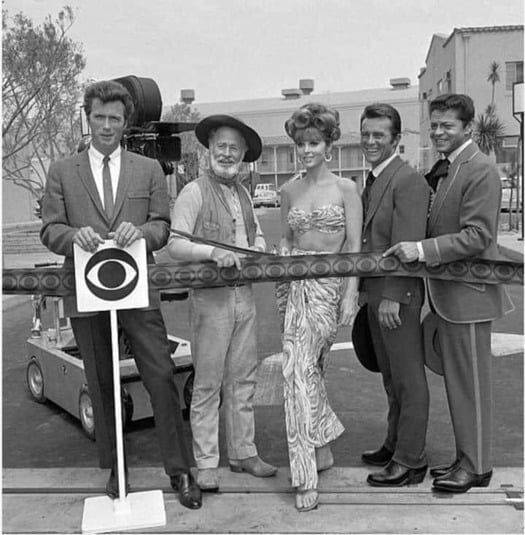 Clint Eastwood, Paul Brinegar, Tina Louise, Robert Conrad and Ross Martin at CBS Studio Center...jpg