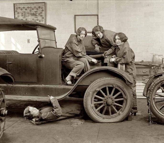 These progressive high school girls learn the finer points of auto mechanics in 1927.jpg